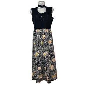 Stephen O'Grady Vintage Black Floral Maxi Dress Button Front Choker Neck Mod 70s
